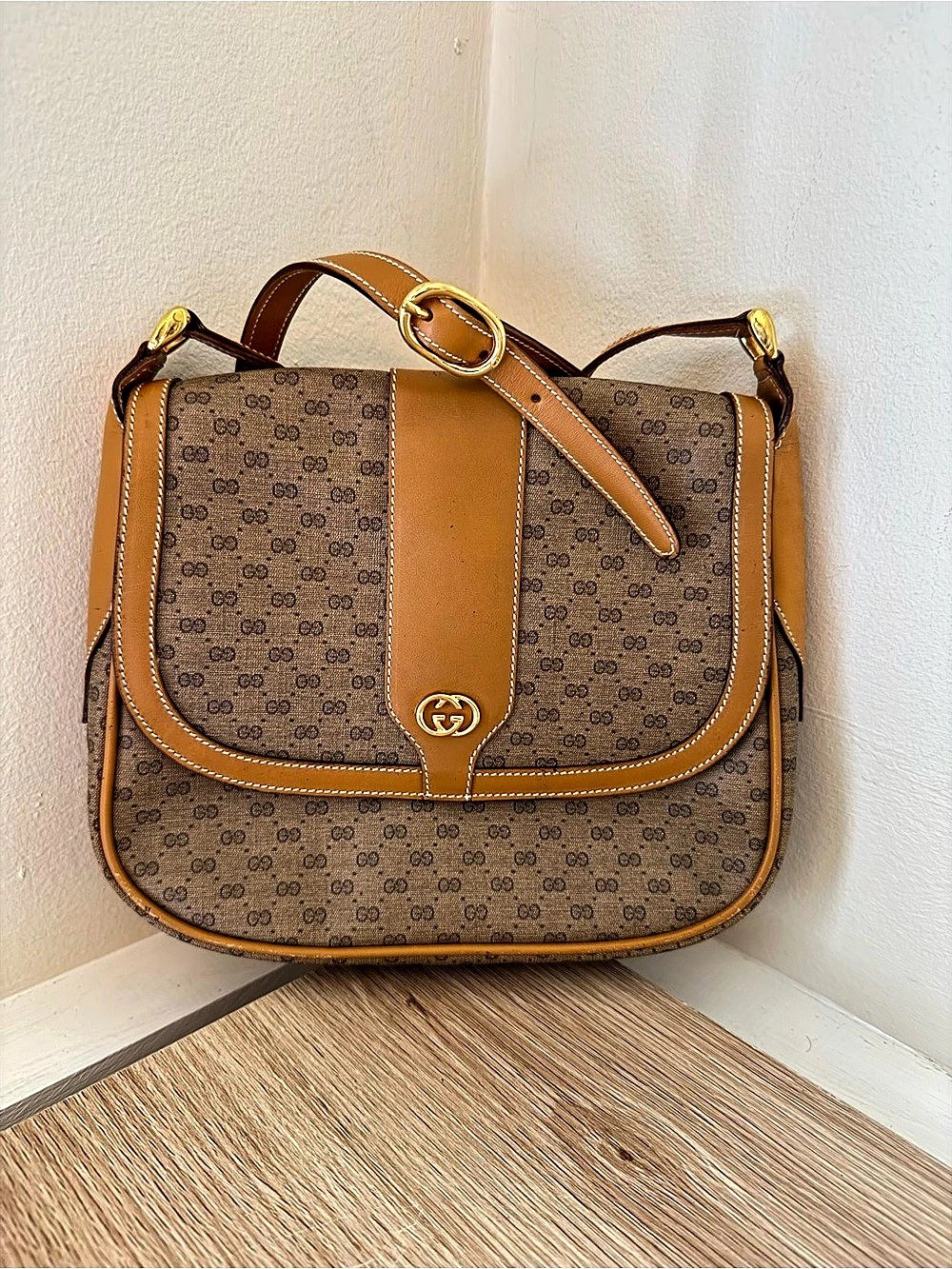 Gucci Vintage Micro GG Brown Monogram Crossbody Bag with Gold Hardware